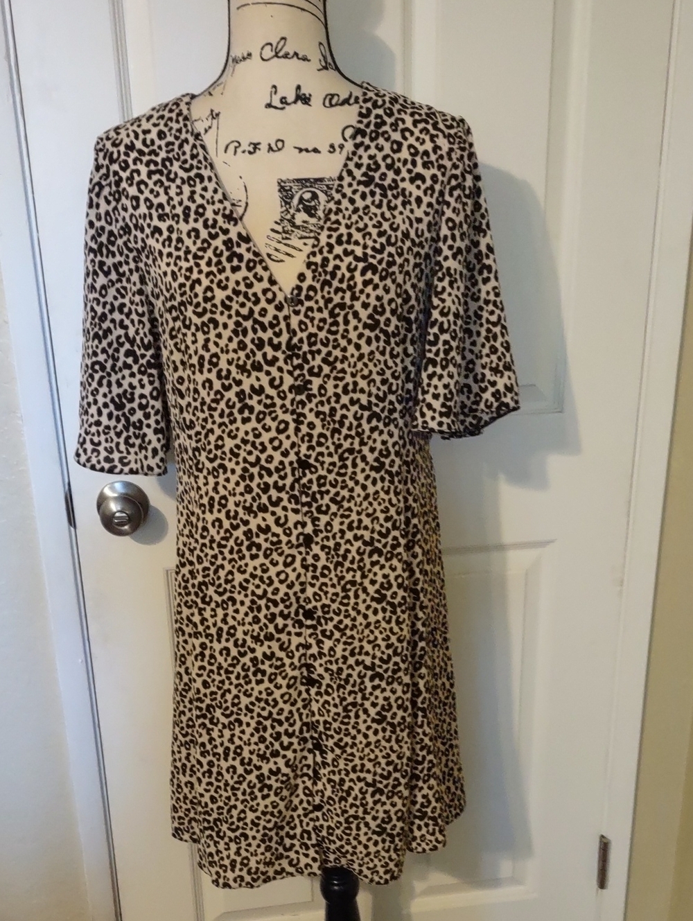 Asos Leopard Print V-Neck Swing Dress - Beige/Black Size 14